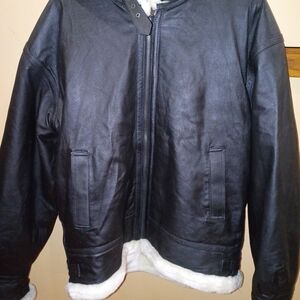 Men's Black Leather Bomber Jacket with White Lining